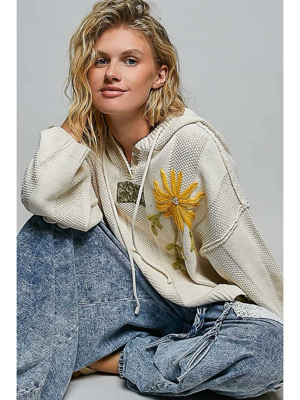 POL Cream Sunflower Embroidered Oversized Knit Boho Hoodie - Picture 3 of 8